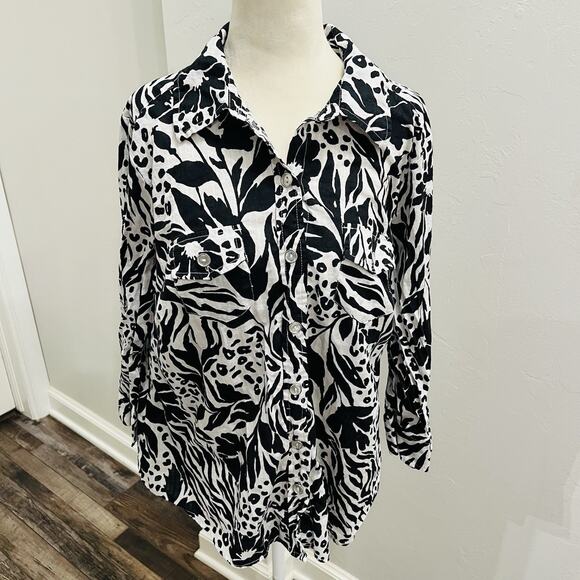 KAREN SCOTT Women’s BLACK & WHITE FLORAL PRINT Button Front BLOUSE 0X (A0132) - Picture 1 of 5